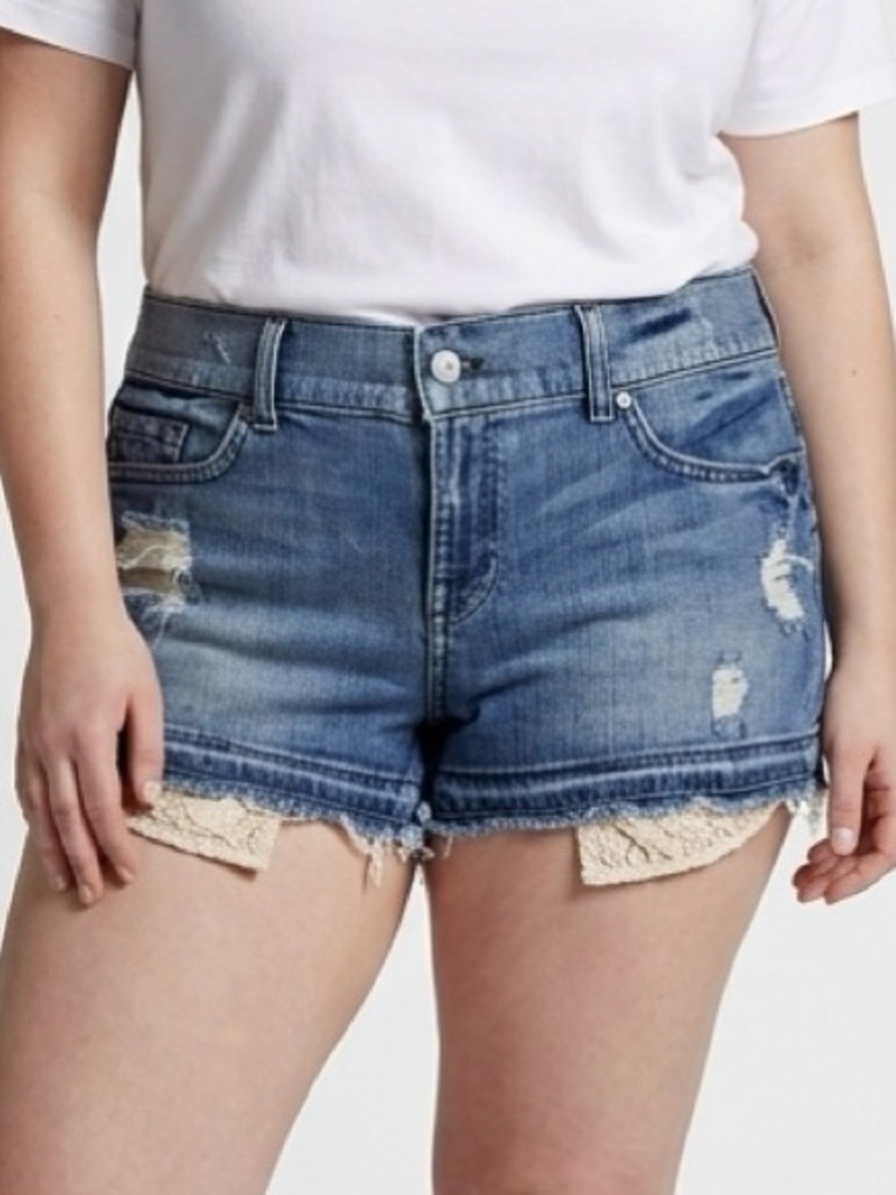 7 For All Mankind Lace Pocket Distressed Denim Cutoff Shorts Blue Womens 32